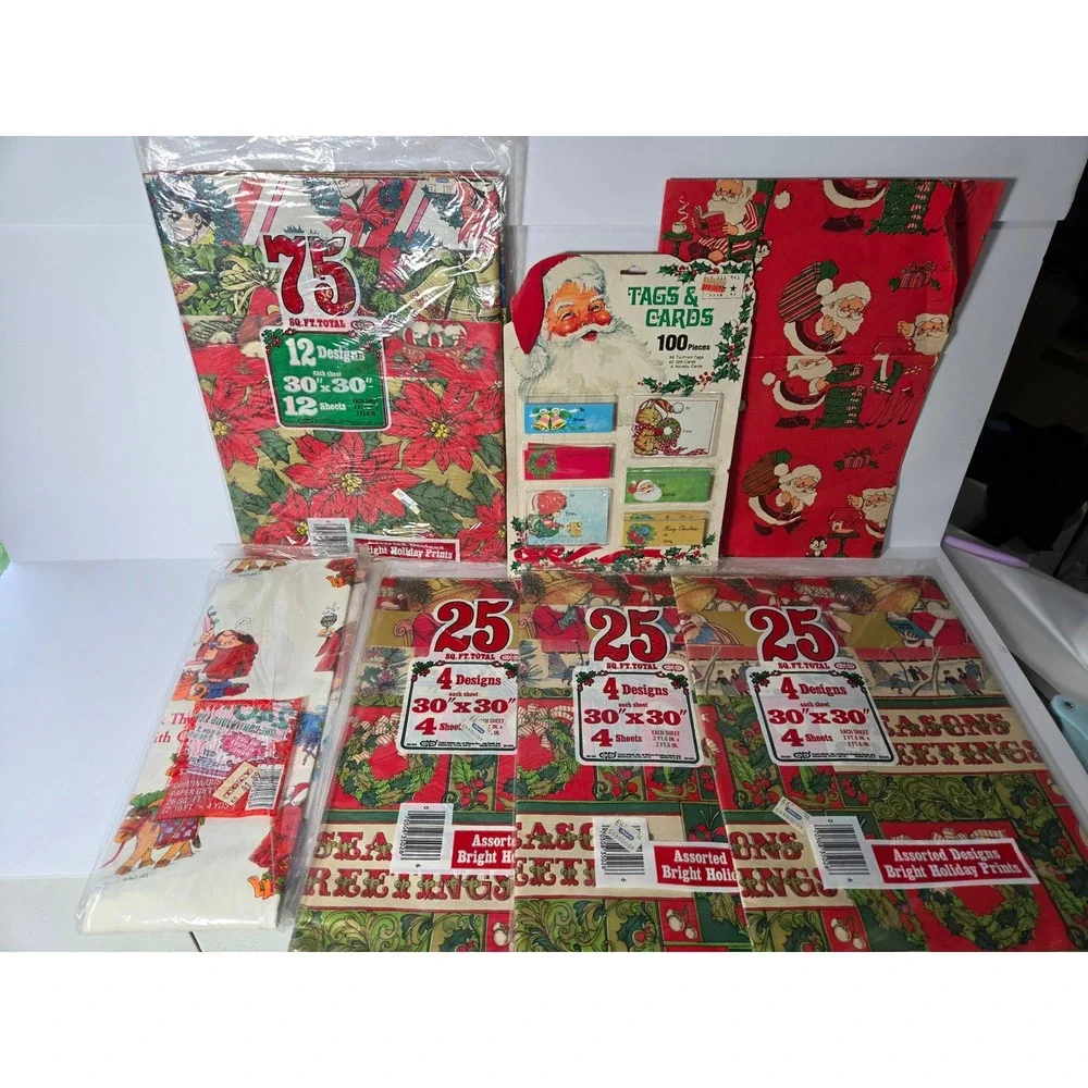 Vintage Christmas Gift Wrap Lot Cleo Wrapping Paper Santa Tags Walt Lee Retro